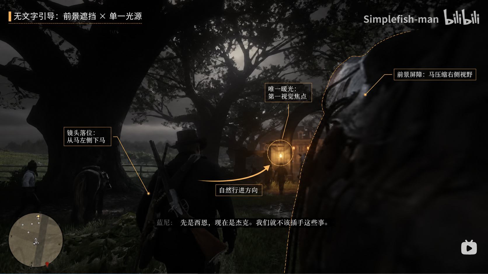玩家从马的左侧下马后，右侧马匹形成前景遮挡，画面中心的唯一暖光成为视觉焦点并指向自然行进方向